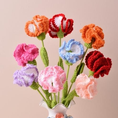 Un buon prezzo. Regalo per la Festa della Madre Bouquet fatto a mano con garofano a crochet finito Fiori artificiali Multicolore 20x5cm in linea