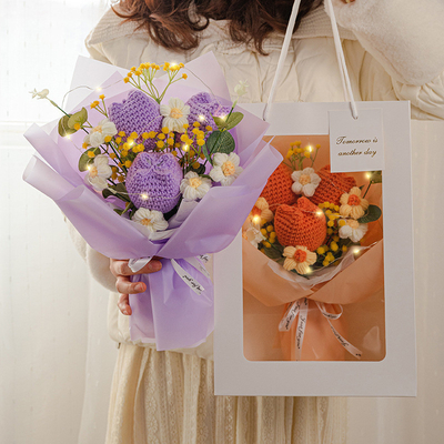 Un buon prezzo. 30x35cm Pila a maglia Tulipano a mano Bouquet di filato Grande regalo per la festa della mamma in linea