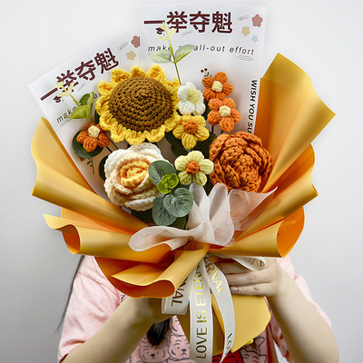Un buon prezzo. Bouquets di lana di girasole tessuti a mano, prodotti finiti, diploma esportazione transfrontaliera fiori artificiali a maglia in linea
