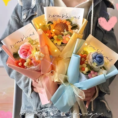 Un buon prezzo. Regali creativi per San Valentino e il giorno degli insegnanti rosa fiori di lana bouquets girasole fiori a maglia prodotti finiti fatti a mano come regali di compleanno in linea