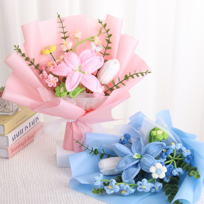 Un buon prezzo. Regalo transfrontaliero per la festa della mamma compleanno rosa a maglia bouquet di lana a maglia simulazione di girasole giglio di fiore in linea