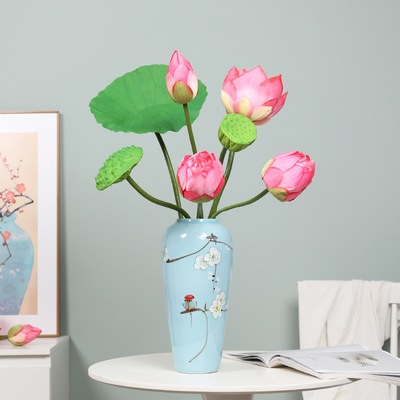 Un buon prezzo. Fiori artificiali di loto, fiori simulati, foglie di loto tattili, baccelli di loto, nuova decorazione domestica in stile cinese, piante verdi simulate, oggetti fotografici di loto in linea