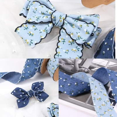 2.5cm Bud Edge/straight Edge Unilaterale Imitazione floreale piccola Denim Ribbon Flower Gift Box Packaging DIY Bow Headband Color Fastness