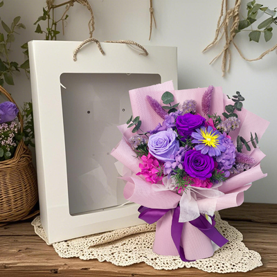 Un buon prezzo. Fiore conservato viola rosa di fiore transfrontaliero bouquet finito San Valentino, regalo di compleanno della fidanzata, fiore conservato di alta gamma oggetto decorativo in linea