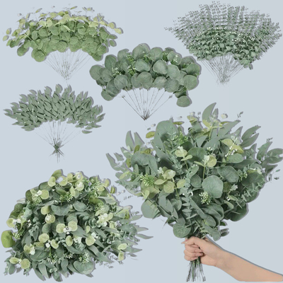 Un buon prezzo. Simulazione di una singola foglia di denaro, foglia di eucalipto, piccolo fascio di fiori, serie Insen a 5 forchette, complementi di arrangiamento floreale di nozze, decorazione materiale in linea