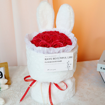Un buon prezzo. Bouquet di fiori per il Festival di Qixi, regalo per la Festa della Mamma, orecchie di coniglio carine, fiori artificiali, sapone, bouquet di fiori prodotto finito in linea