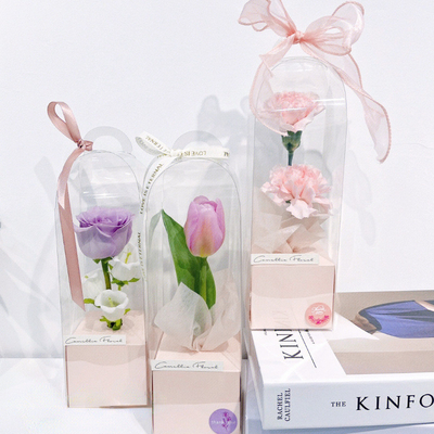PVC trasparente rosa panoramica singola scatola di arrangiamento di fiori DIY, confezionamento di fiori faro a mano, buco di fiori eterno materiale scatola regalo