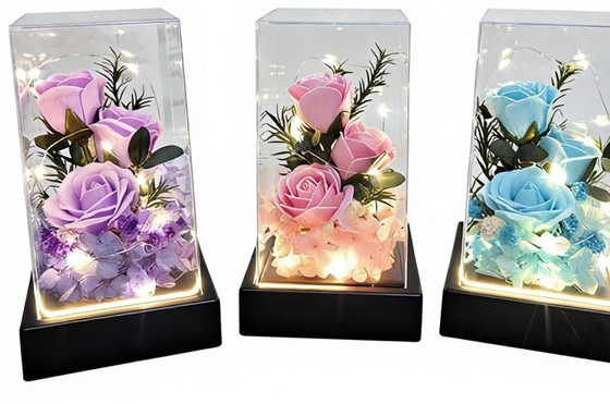 Un buon prezzo. 520 Fiore eterno Bouquet di sapone Copertura in vetro quadrata Luce notturna Rosa 3 Fiori di sapone San Valentino Festa della mamma Regalo di compleanno in linea